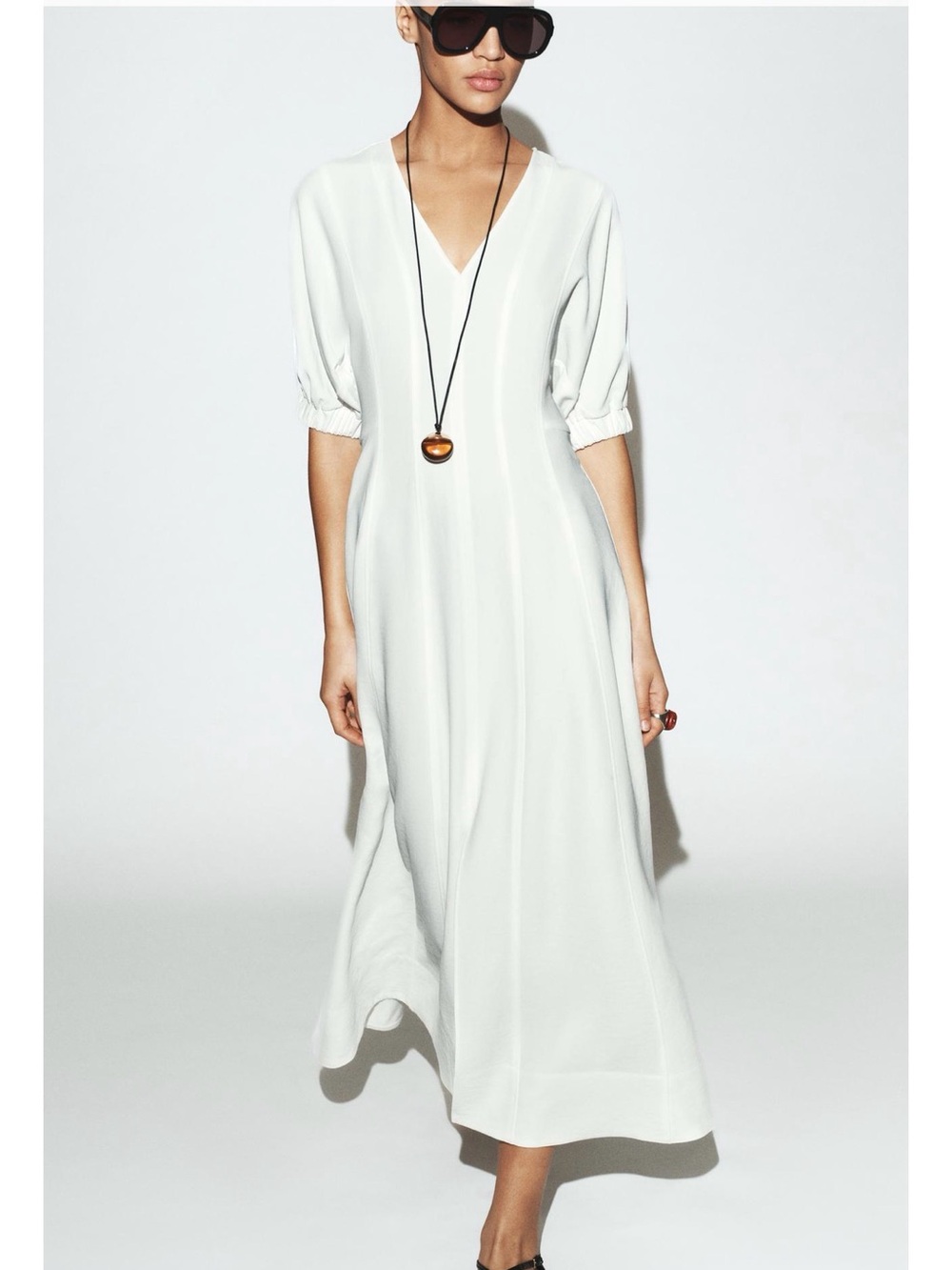ZARA Ivory V-Neck Balloon Puff Sleeve MIDI Dress - Picture 5 of 8